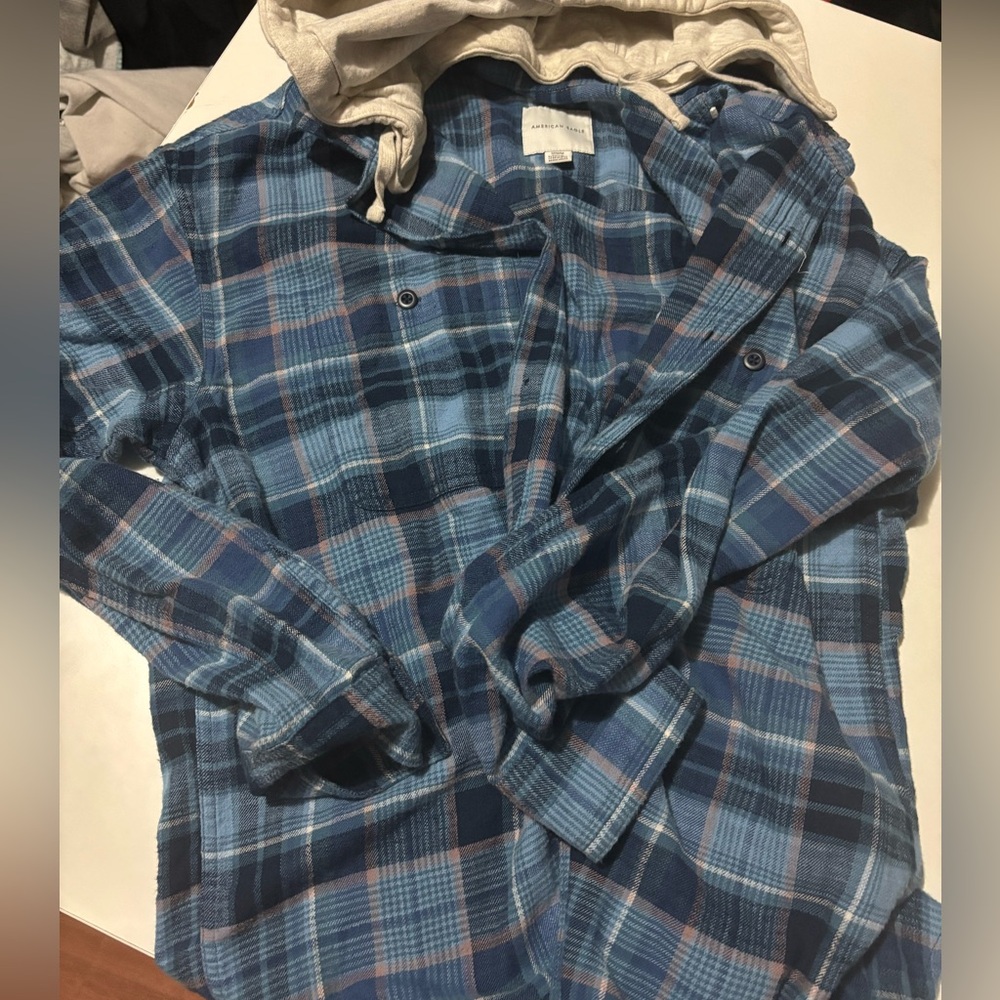 American Eagle Blue Plaid Hooded Shirt